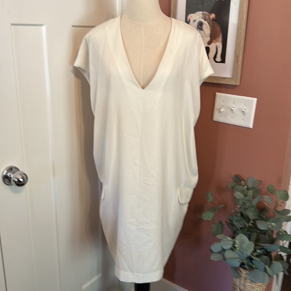 Banana Republic crepe cocoon cream Lagenlook Vneck L pockets lined mini dress